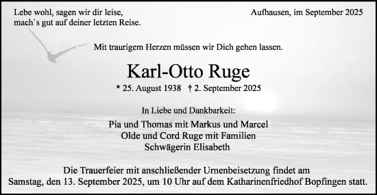 Traueranzeige von Karl-Otto Ruge von Schwäbische Post