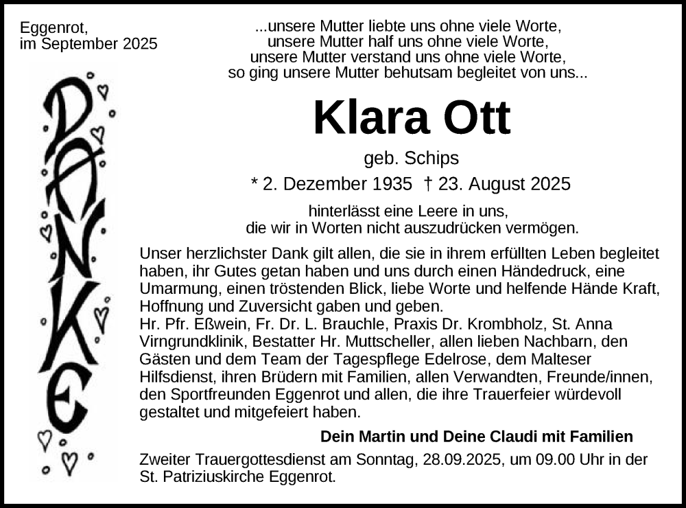  Traueranzeige für Klara Ott vom 25.09.2025 aus Schwäbische Post