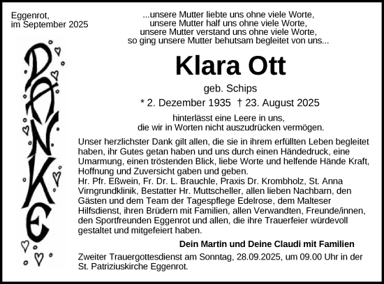 Traueranzeige von Klara Ott von Schwäbische Post