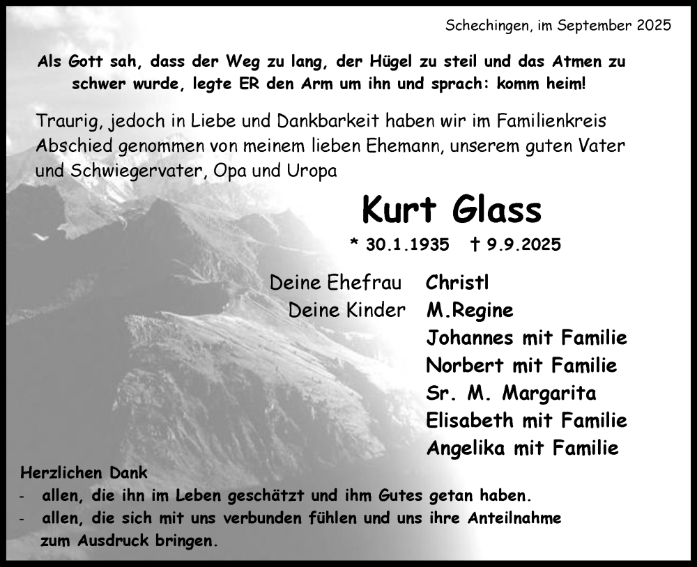  Traueranzeige für Kurt Glass vom 26.09.2025 aus Gmünder Tagespost
