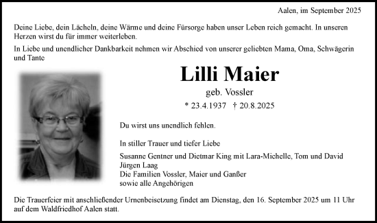 Traueranzeige von Lilli Maier von Schwäbische Post
