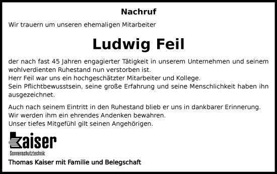 Traueranzeige von Ludwig Feil von Schwäbische Post