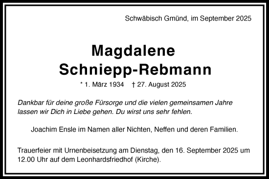 Traueranzeige von Magdalene Schniepp-Rebmann von Gmünder Tagespost