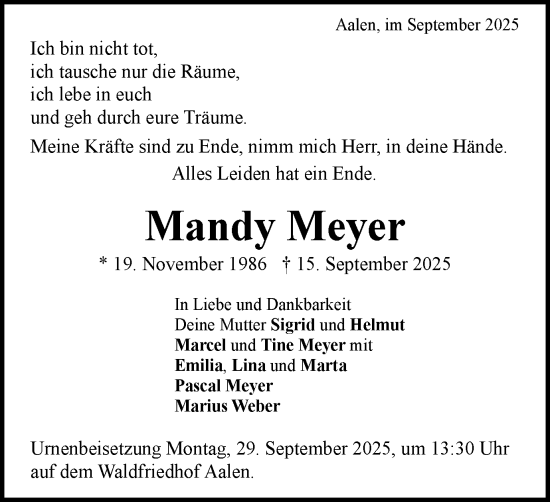 Traueranzeige von Mandy Meyer von Schwäbische Post