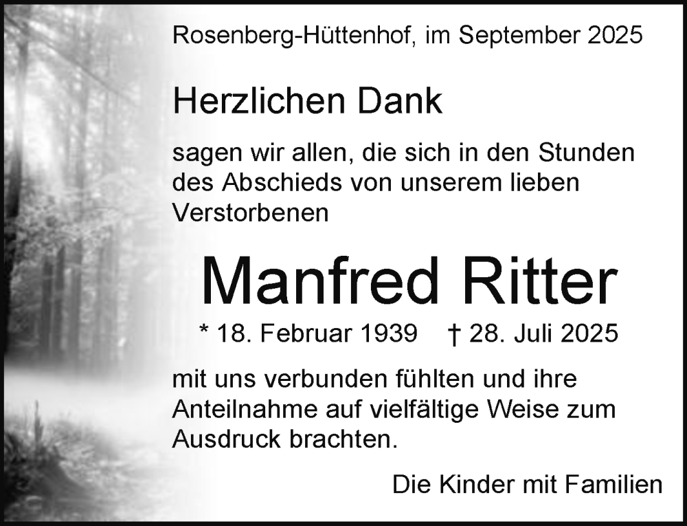  Traueranzeige für Manfred Ritter vom 03.09.2025 aus Schwäbische Post
