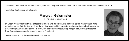 Traueranzeige von Margreth Gaissmaier von Schwäbische Post
