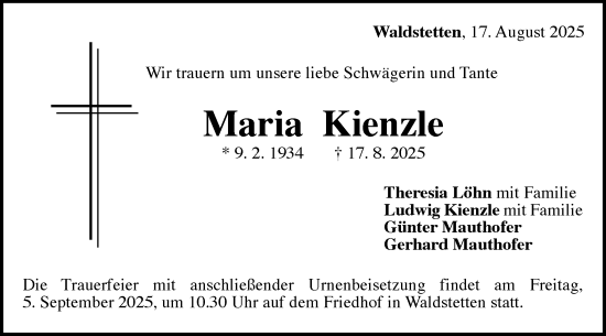 Traueranzeige von Maria Kienzle von Gmünder Tagespost