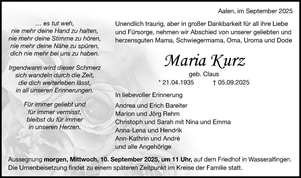  Traueranzeige für Maria Kurz vom 09.09.2025 aus Schwäbische Post