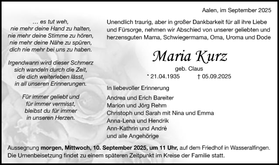 Traueranzeige von Maria Kurz von Schwäbische Post