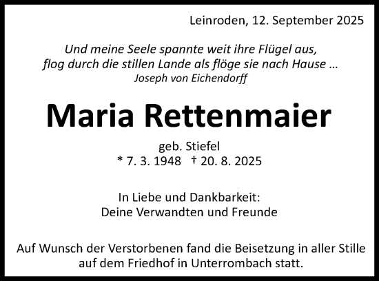 Traueranzeige von Maria Rettenmaier von Schwäbische Post