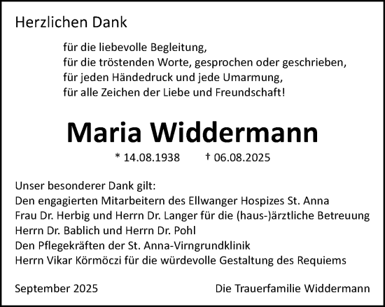 Traueranzeige von Maria Widdermann von Schwäbische Post