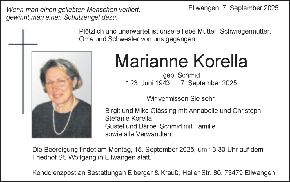  Traueranzeige für Marianne Korella vom 13.09.2025 aus Schwäbische Post