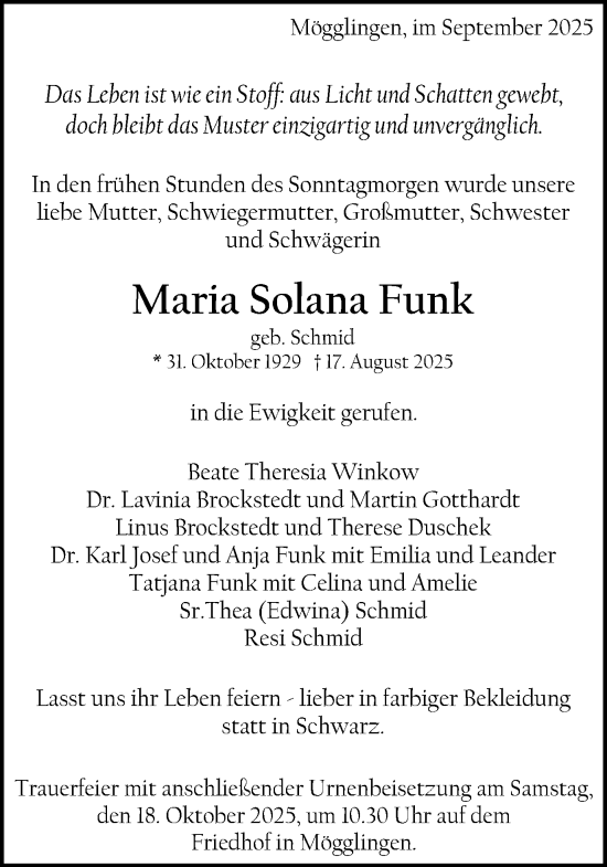 Traueranzeige von Maria Solana Funk von Gmünder Tagespost