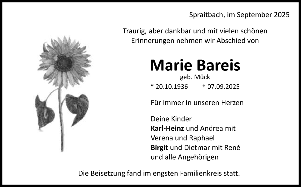  Traueranzeige für Marie Bareis vom 20.09.2025 aus Gmünder Tagespost
