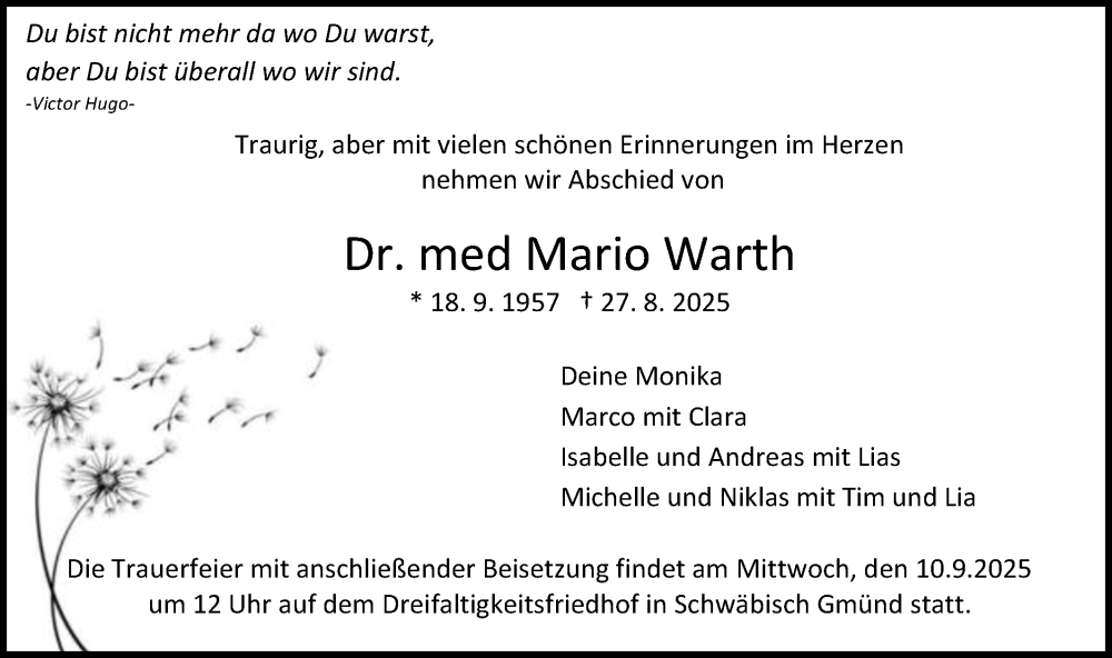  Traueranzeige für Mario Warth vom 06.09.2025 aus Gmünder Tagespost