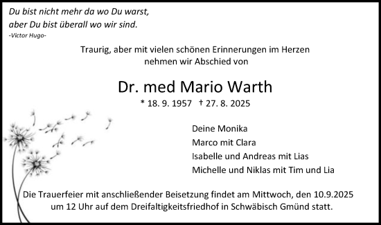 Traueranzeige von Mario Warth von Gmünder Tagespost