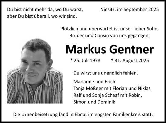 Traueranzeige von Markus Gentner von Schwäbische Post