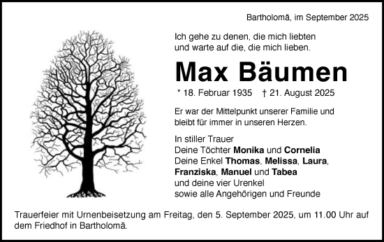 Traueranzeige von Max Bäumen von Gmünder Tagespost