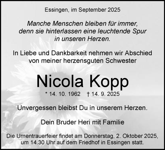 Traueranzeige von Nicola Kopp von Schwäbische Post