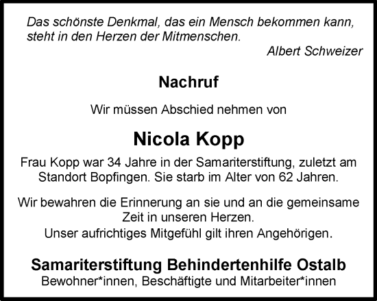 Traueranzeige von Nicola Kopp von Schwäbische Post