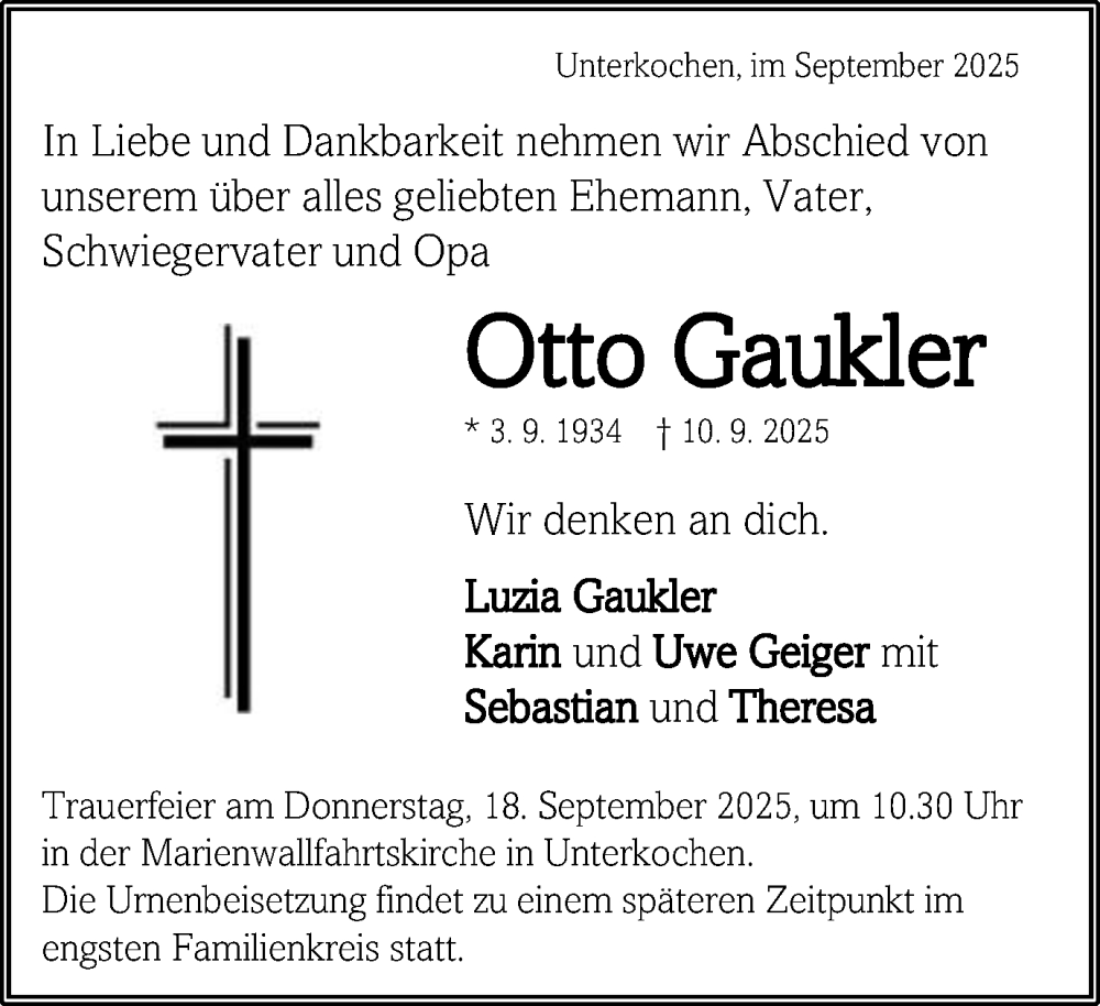  Traueranzeige für Otto Gaukler vom 16.09.2025 aus Schwäbische Post