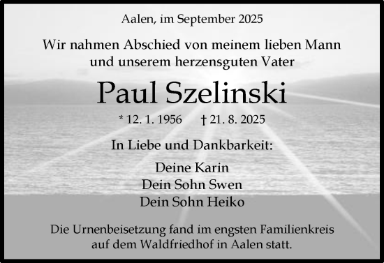 Traueranzeige von Paul Szelinski von Schwäbische Post