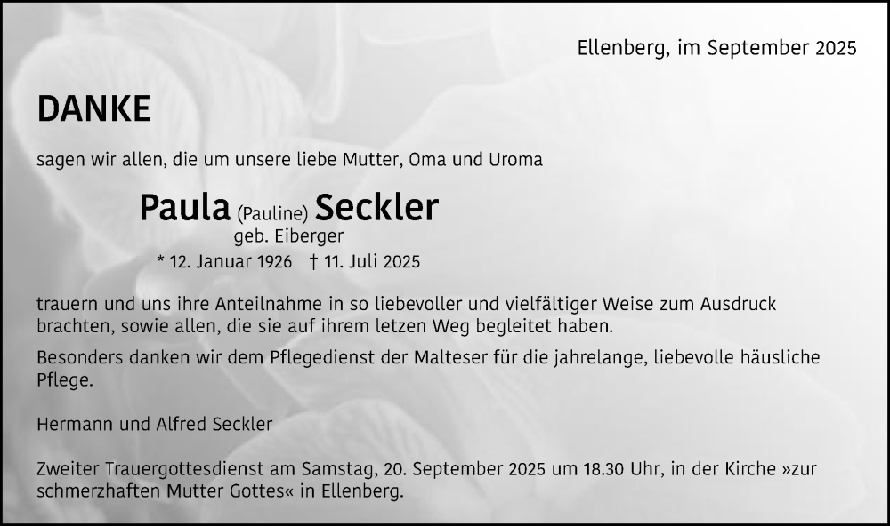  Traueranzeige für Paula Seckler vom 16.09.2025 aus Schwäbische Post