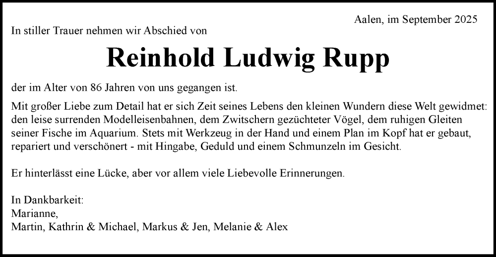  Traueranzeige für Reinhold Ludwig Rupp vom 20.09.2025 aus Schwäbische Post