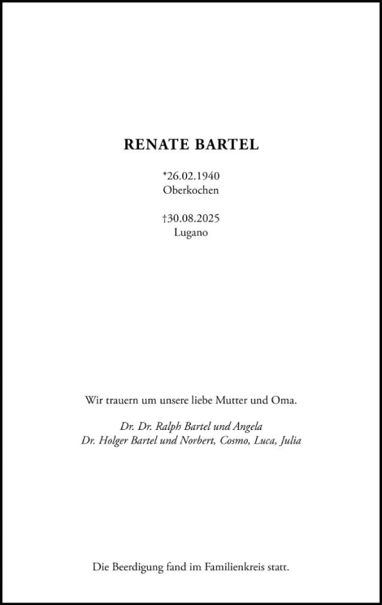 Traueranzeige von Renate Bartel von Schwäbische Post