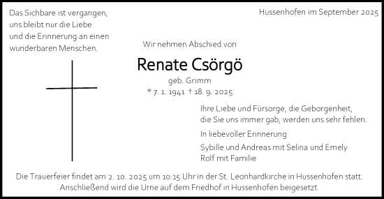 Traueranzeige von Renate Csörgö von Gmünder Tagespost