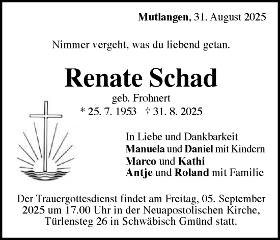Traueranzeige von Renate Schad von Gmünder Tagespost