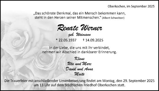Traueranzeige von Renate Werner von Schwäbische Post