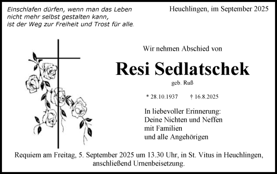 Traueranzeige von Resi Sedlatschek von Gmünder Tagespost