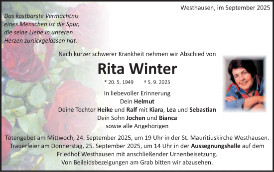 Traueranzeige von Rita Winter von Schwäbische Post