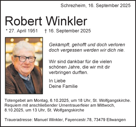 Traueranzeige von Robert Winkler von Schwäbische Post