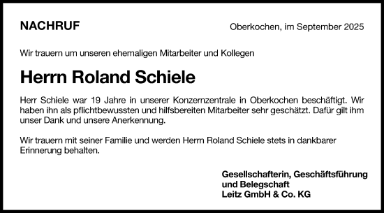Traueranzeige von Roland Schiele von Schwäbische Post