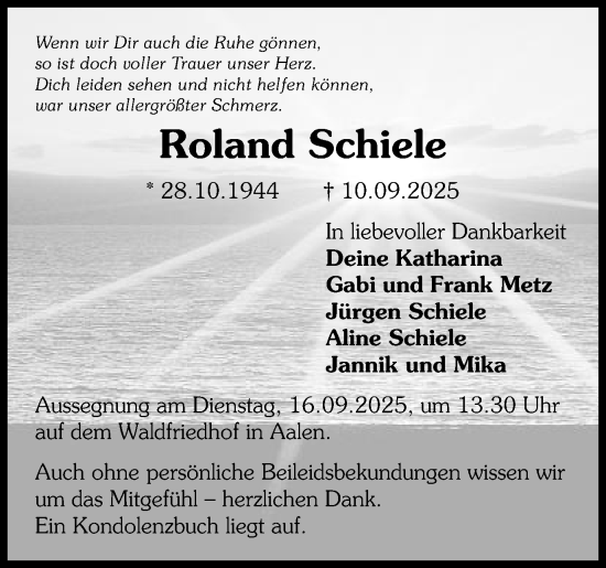 Traueranzeige von Roland Schiele von Schwäbische Post