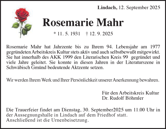 Traueranzeige von Rosemarie Mahr von Gmünder Tagespost