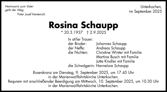 Traueranzeige von Rosina Schaupp von Schwäbische Post