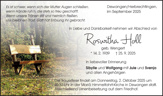 Traueranzeige von Roswitha Holl von Schwäbische Post