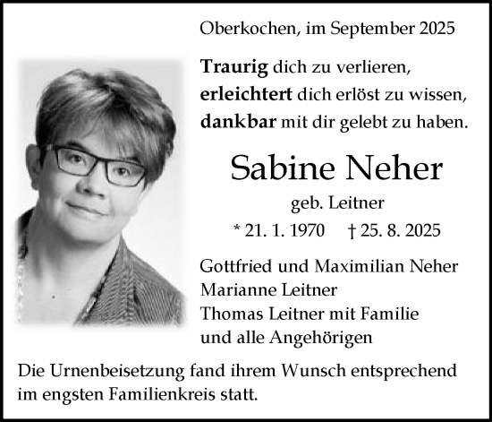 Traueranzeige von Sabine Neher von Schwäbische Post