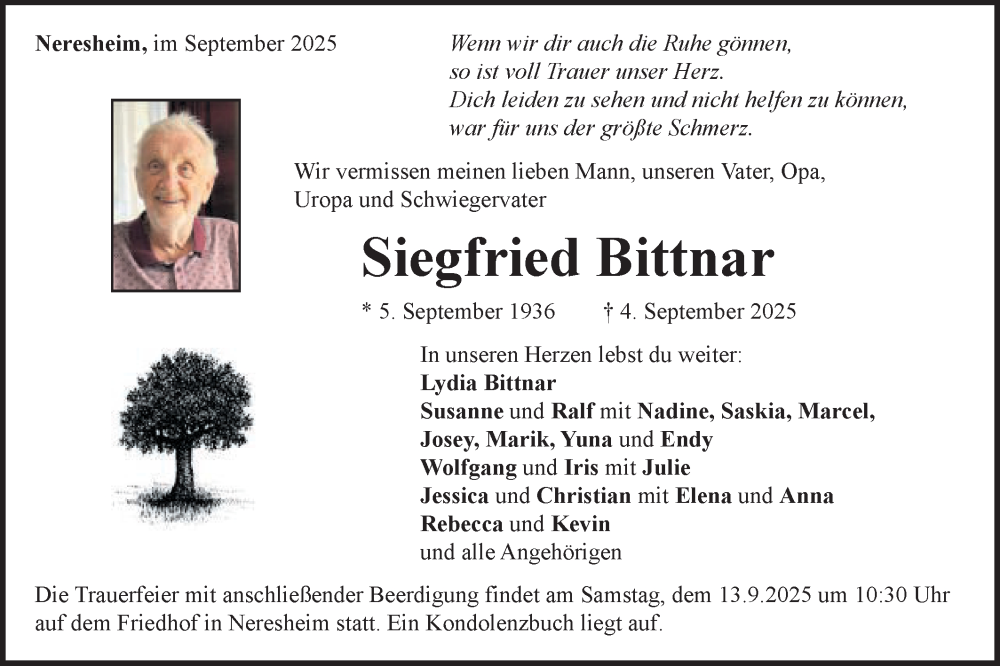  Traueranzeige für Siegfried Bittnar vom 11.09.2025 aus Schwäbische Post