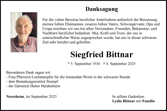 Traueranzeige von Siegfried Bittnar von Schwäbische Post