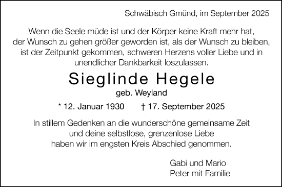 Traueranzeige von Sieglinde Hegele von Gmünder Tagespost
