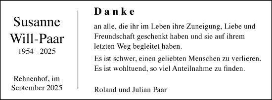 Traueranzeige von Susanne Will-Paar von Gmünder Tagespost