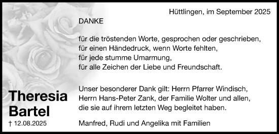 Traueranzeige von Theresia Bartel von Schwäbische Post