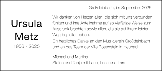 Traueranzeige von Ursula Metz von Gmünder Tagespost