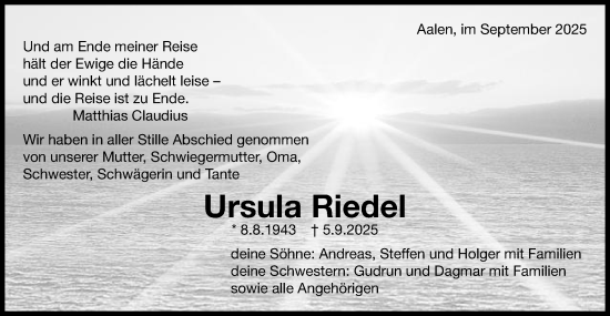 Traueranzeige von Ursula Riedel von Schwäbische Post