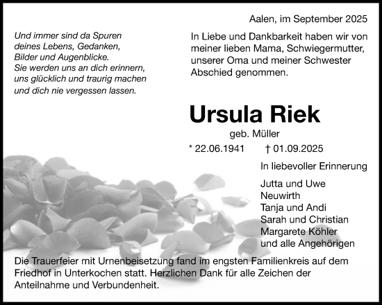 Traueranzeige von Ursula Riek von Schwäbische Post