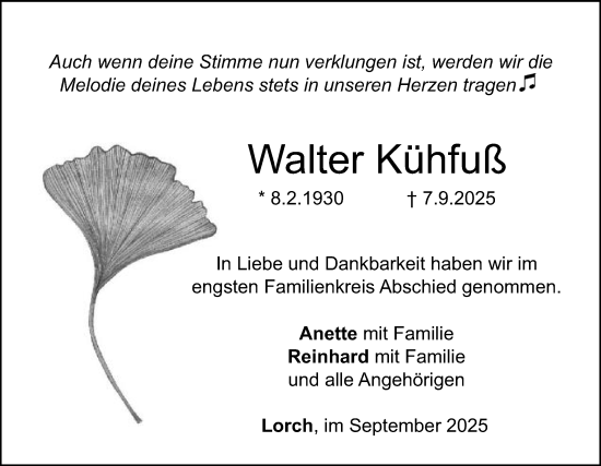 Traueranzeige von Walter Kühfuß von Gmünder Tagespost